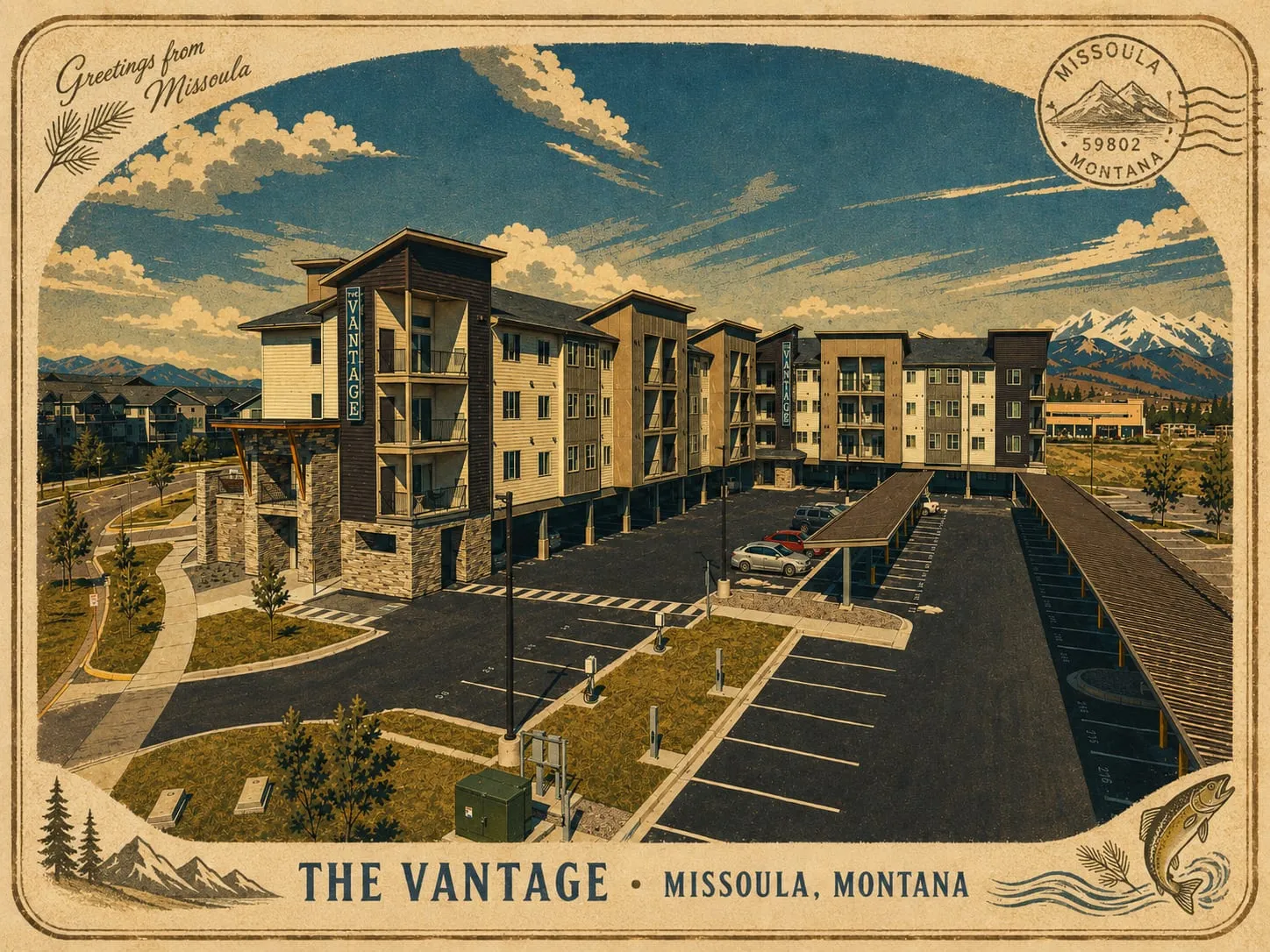 Illustrated "Greetings from Missoula" postcard of The Vantage beneath the mountains